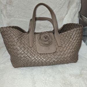 Faloure Taupe Woven Leather Bag. New